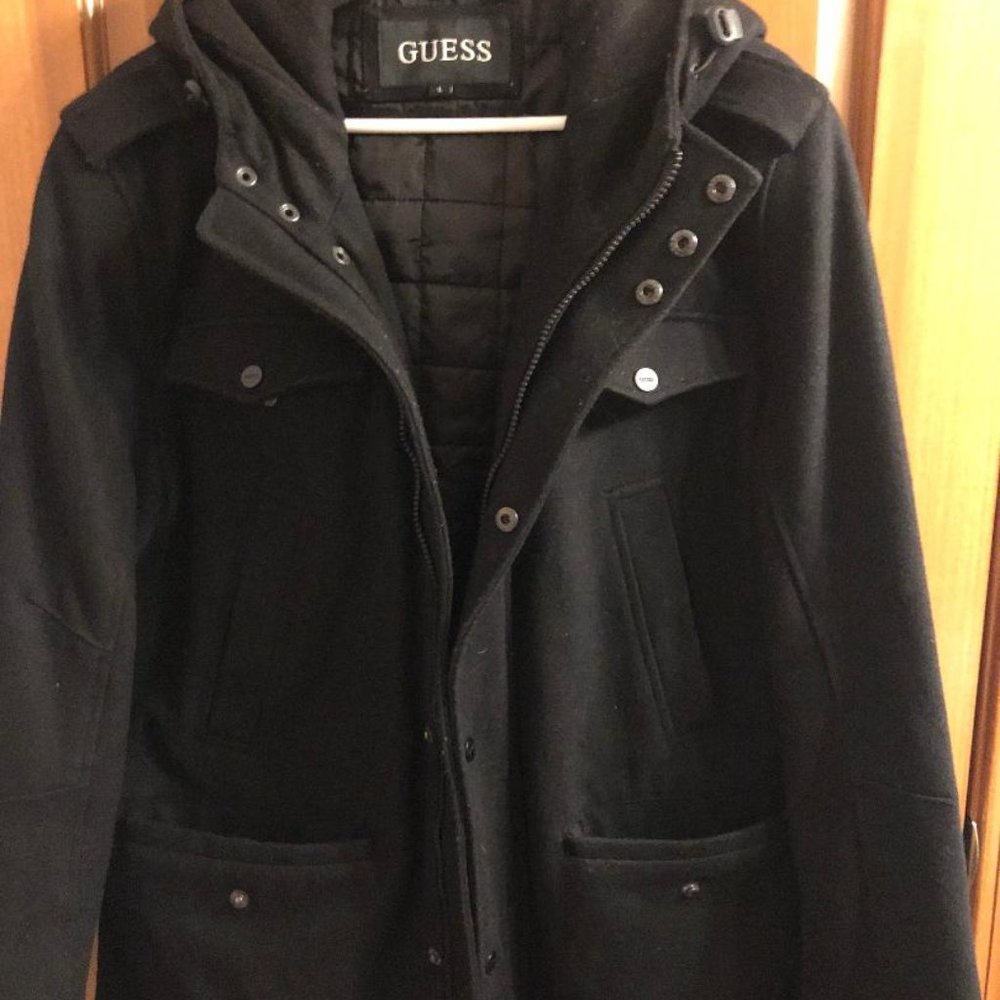 GUESS WOOL MENS JACKET WITH HOOD, SIZE LARGE.
